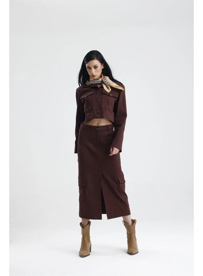 GACACOLLECTION EDESSA two-piece gabardine mini jacket and long skirt pocketed autumn set.