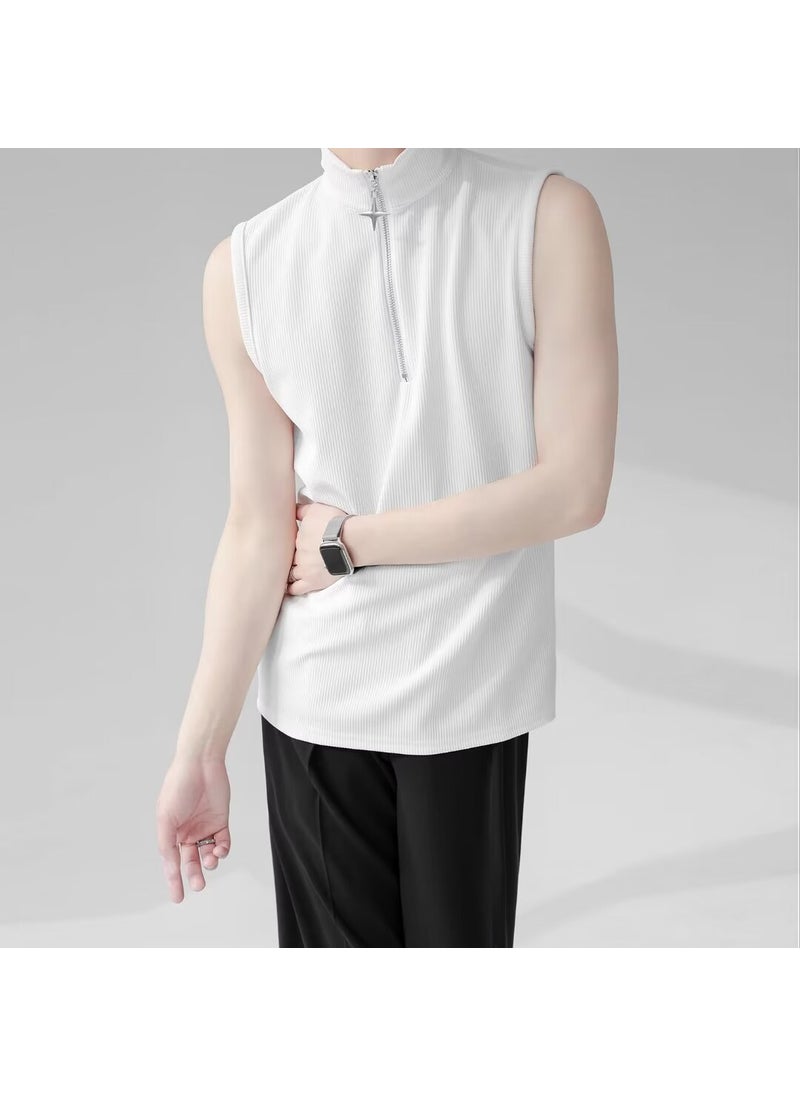 Generic - Sleeveless T-shirt vest mens solid color summer Korean fashion brand sports casual Pleated vest waistcoat sleeveless wear White - Image 1