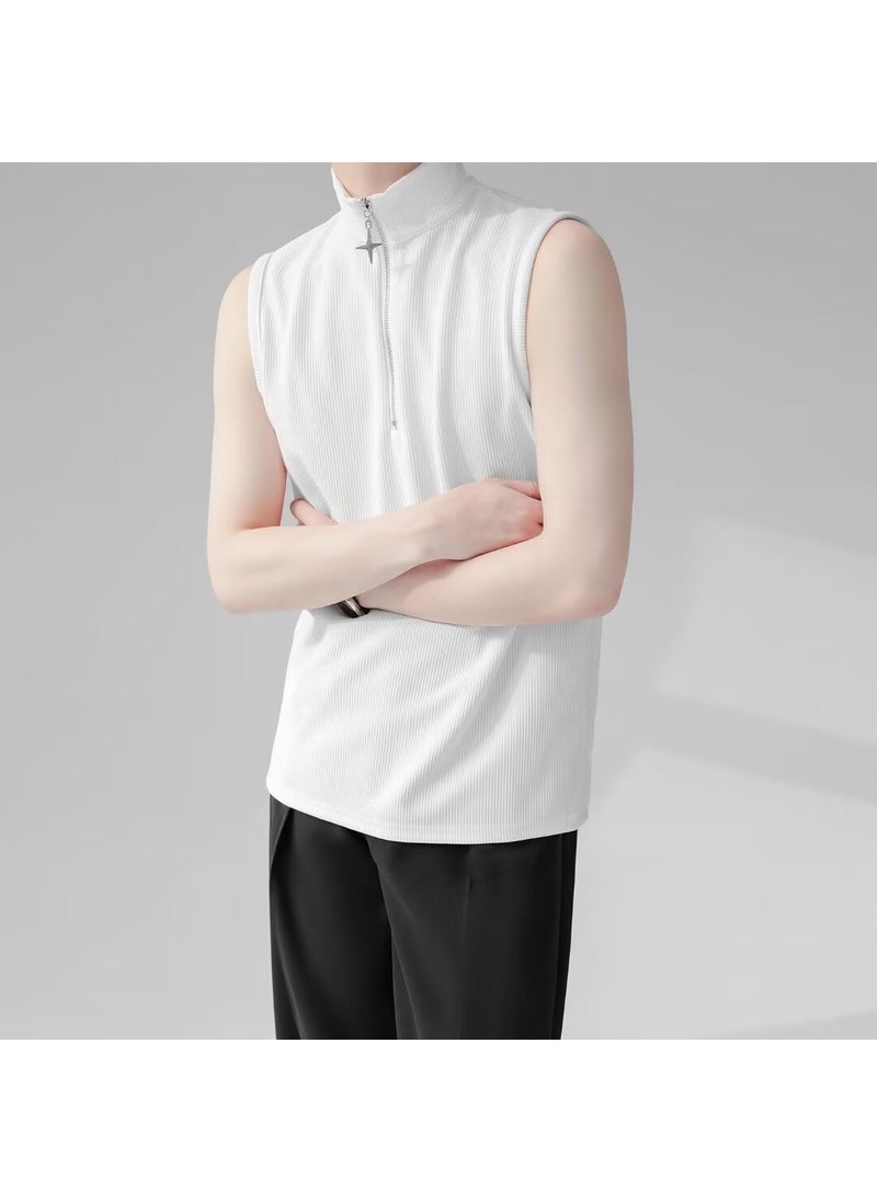 Generic - Sleeveless T-shirt vest mens solid color summer Korean fashion brand sports casual Pleated vest waistcoat sleeveless wear White - Image 1