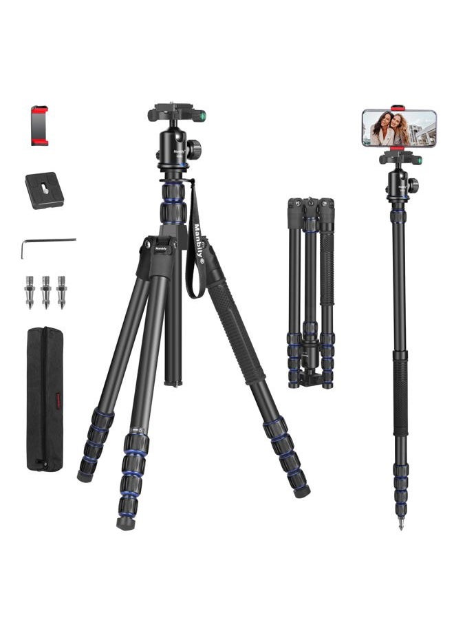 Manbily Camera Tripod, Manbily 74" Aluminum Travel Tripod Monopod Stand for Camera DSLR Phone, 360° Ball Head w Handle and Extra 1/4" QR Plate, Payload 17.6lbs, Compatible with Canon Nikon Sony  - Image 1