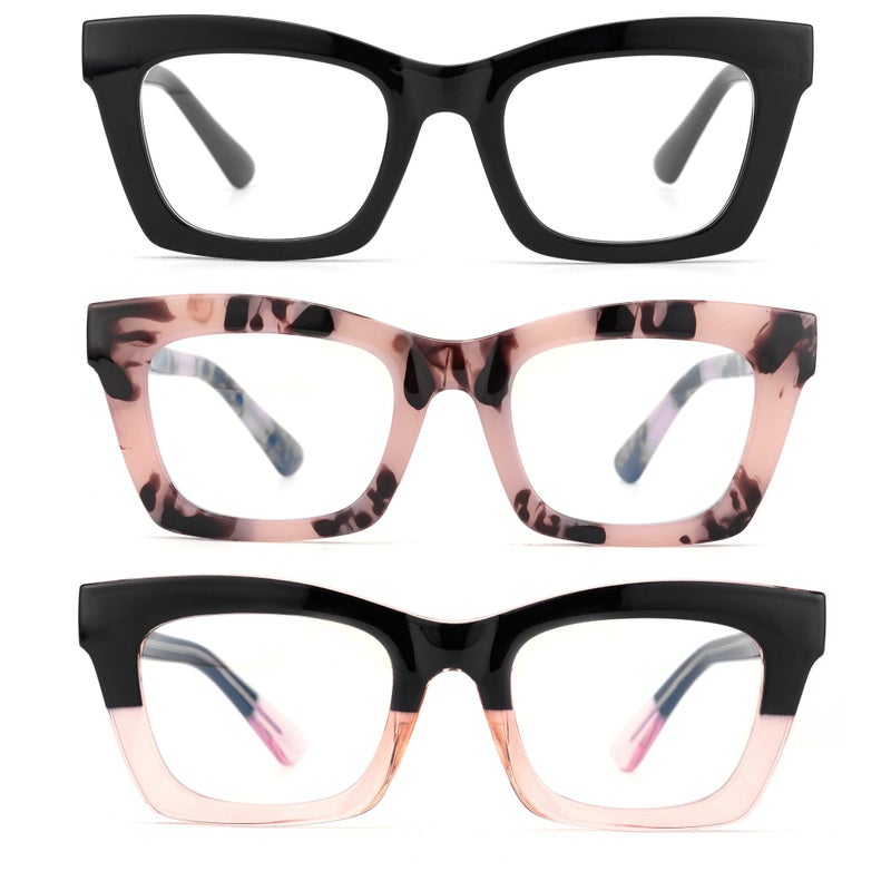 bullabulling 3 pack Oprah style Spring hinge Readers Blue Light Blocking Computer Square Reading Glasses for Women Men (black/tortoise/blackpink, 1.25) - Image 2
