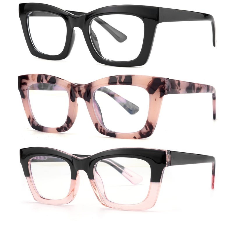 bullabulling 3 pack Oprah style Spring hinge Readers Blue Light Blocking Computer Square Reading Glasses for Women Men (black/tortoise/blackpink, 1.25) - Image 1