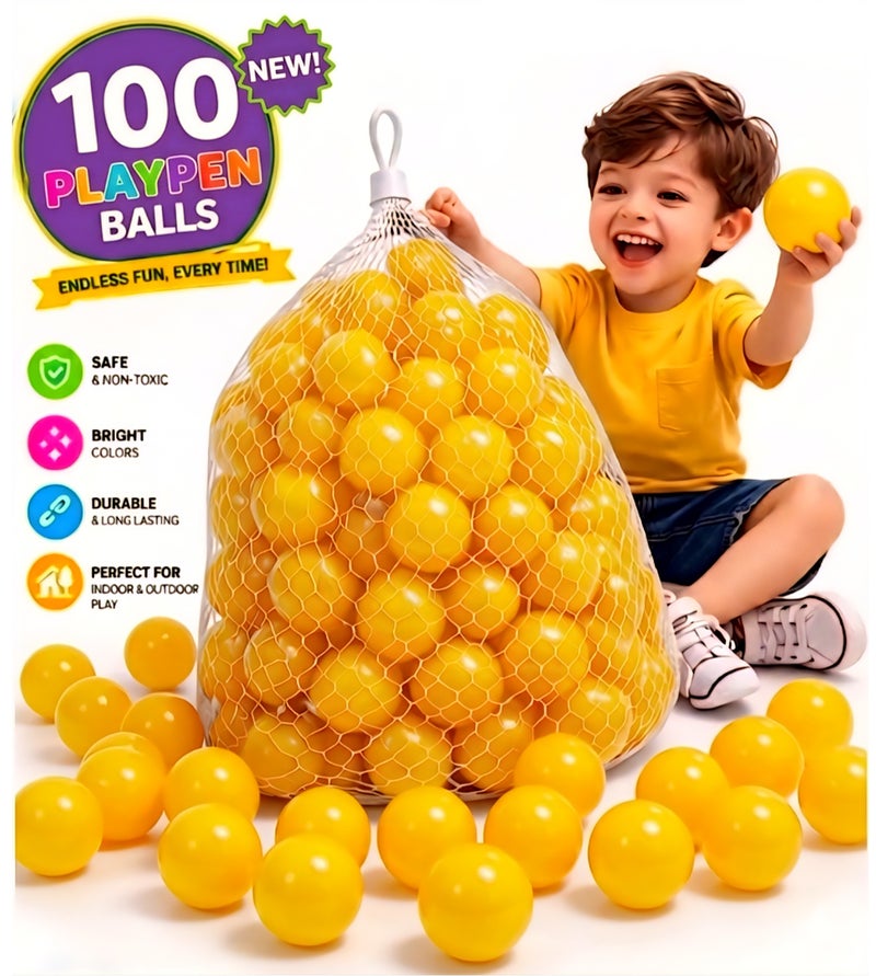SKY-TOUCH Premium Soft Plastic Pit Balls for Kids (100+ Pcs) – Vibrant YELLOW Playpen Balls for Ball Pits, Bounce Houses, and Kiddie Pools – Non-Toxic, Crush-Proof & BPA-Free Toddler Toys – Includes Mesh Storage Bag - Image 1