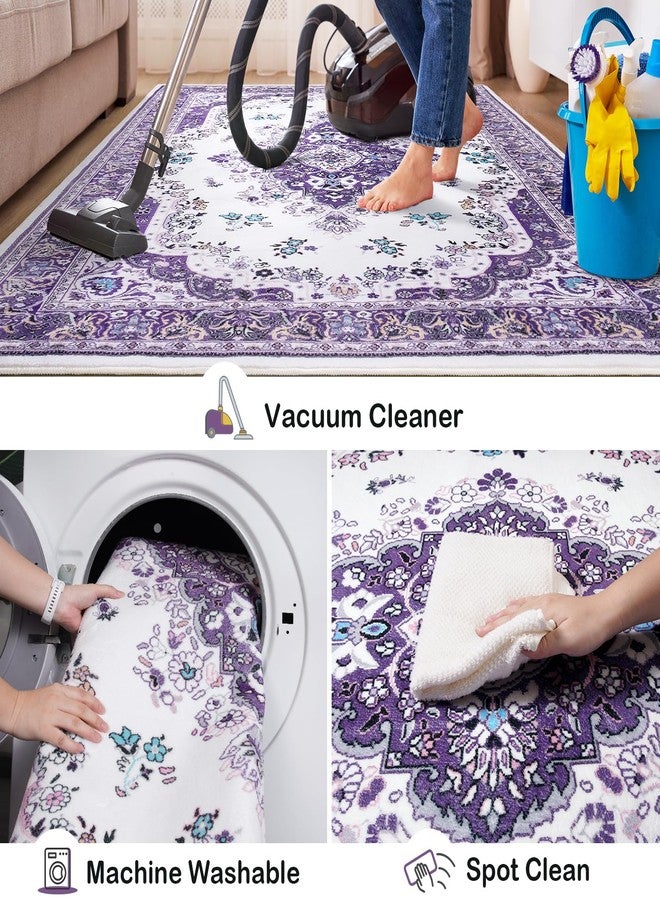 HOMORE Area Rug 4x6 Purple Rugs for Bedroom Living Room, Non Slip Washable Throw Rug for Kitchen Ultra Thin Low Pile Vintage Rugs for Entryway Floral Rug for Dinning Room Office - Image 3