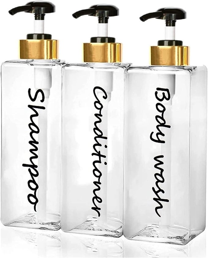 21OZ SHAMPOO DISPENSER REFILLABLE SHAMPOO AND CONDITIONER BOTTLES CLEAR SET OF 3 MODERN SHAMPOO BOTTLES FOR SHOWER SOAP EMPTY SHAMPOO CONDITIONER BODY WASH DISPENSER SET FOR HOTEL BATHROOM