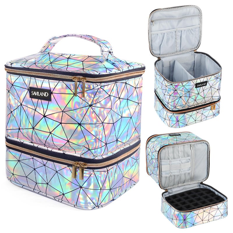 SAVILAND Nail Polish Organizer Bag PU Leather Nail Kit Organizer Holds 30 Bottles Nail Lamp Holographic Nail Supply Organizer Nail Polish Holder Case Nail Organizers and Storage Box for Nail Tech - Image 2