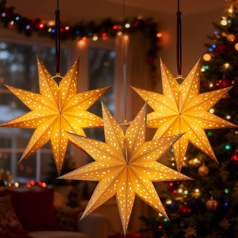 OSALADI 3Pcs Paper Star Lantern Lampshade 9 Pointed Star Hanging Decorations for Christmas New Year Wedding Party Holiday Birthday, 13.78 x 13.78 x 5.12 Inch - Image 1