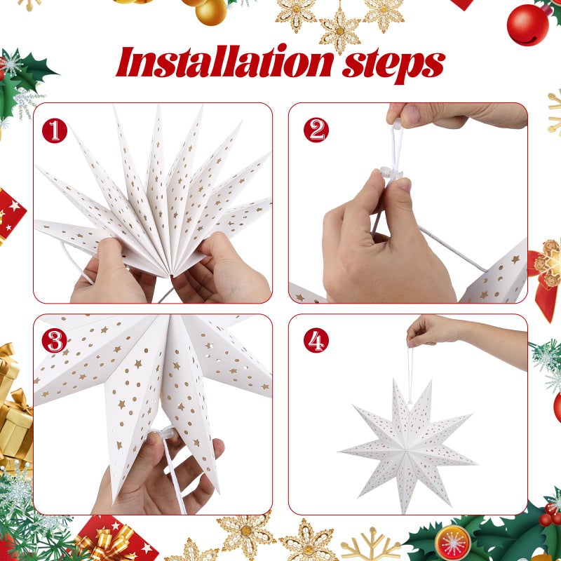 OSALADI 3Pcs Paper Star Lantern Lampshade 9 Pointed Star Hanging Decorations for Christmas New Year Wedding Party Holiday Birthday, 13.78 x 13.78 x 5.12 Inch - Image 3