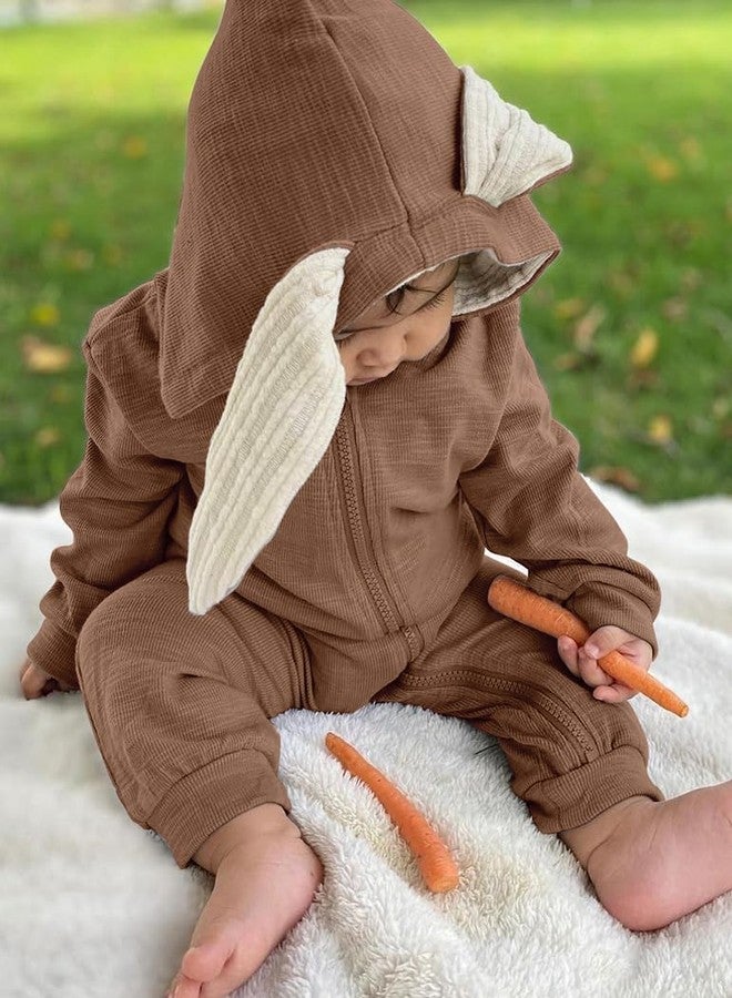 AGQT Newborn Baby Boys Bunny Costume First Easter Outfit One Piece Romper with Rabbit Ear Halloween Animal Hoodie Light Brown 0-3 Months - Image 4