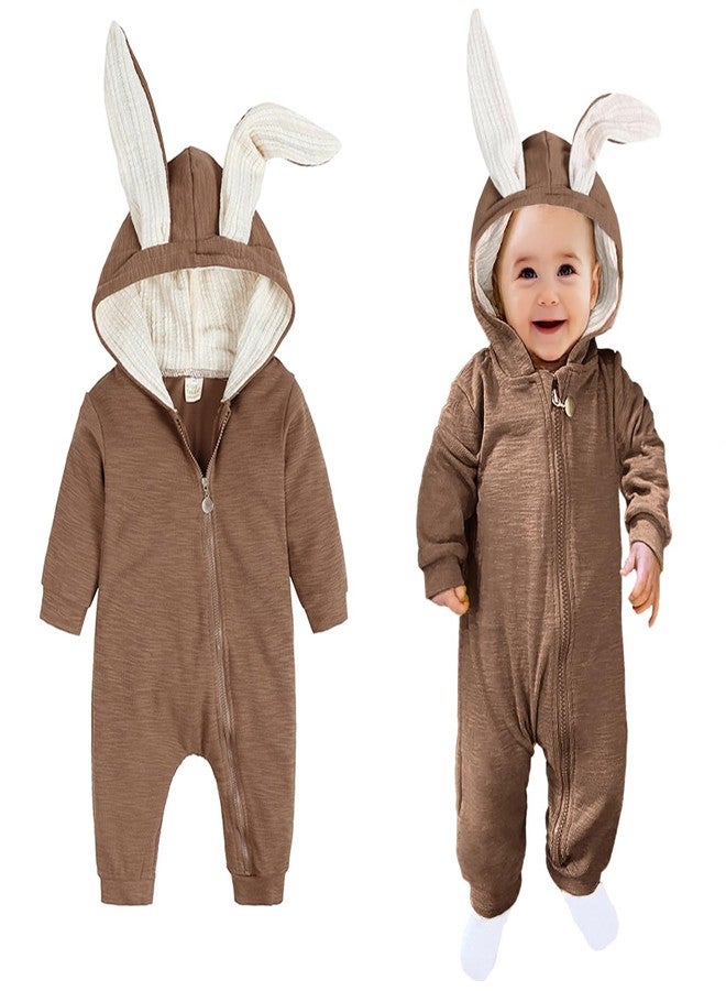 AGQT Newborn Baby Boys Bunny Costume First Easter Outfit One Piece Romper with Rabbit Ear Halloween Animal Hoodie Light Brown 0-3 Months - Image 1