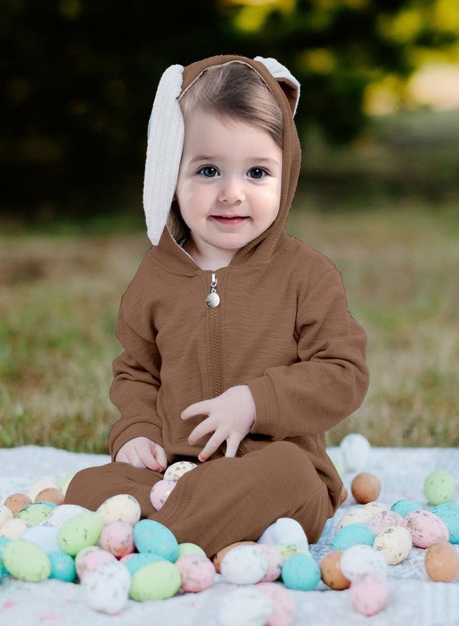AGQT Newborn Baby Boys Bunny Costume First Easter Outfit One Piece Romper with Rabbit Ear Halloween Animal Hoodie Light Brown 0-3 Months - Image 2