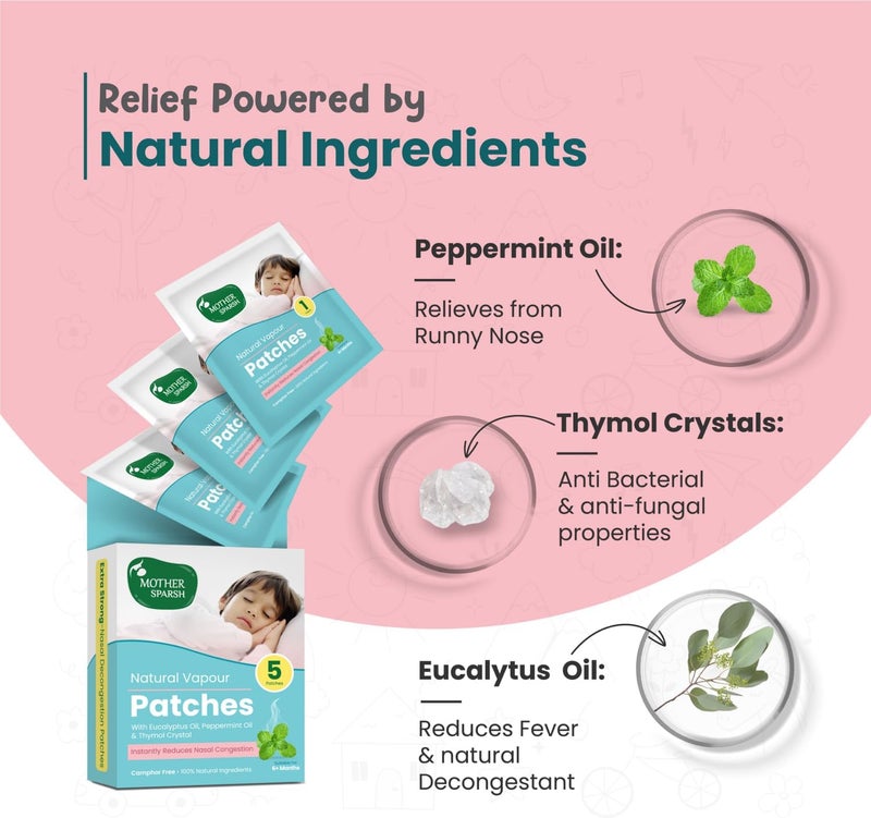 Mother Sparsh Natural Vapour Patches for Kids - Eucalyptus & Peppermint Oil (Pack of 5) - Image 4