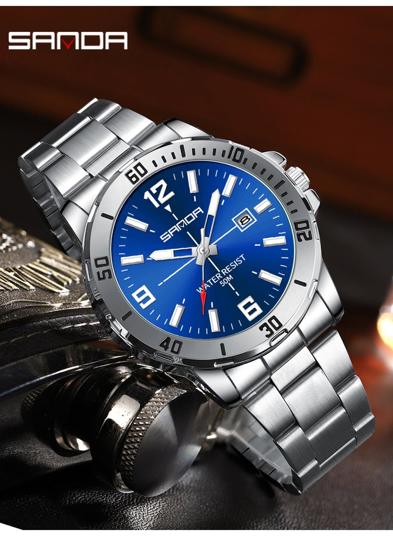 ساندا ساعة رجالية جديدة فاخرة كوارتز للرجال، مزودة بمينا كبير، وإضاءة ليلية، ومقاومة للماء، وتقويم، ساعة كوارتز رجالية للأعمال 2025 - Image 2