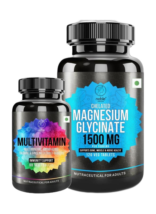 noble nature Multivitamin for Men and Women, Multimineral, Amino Acids with Zinc, Vitamin C, Vitamin D3, Taurine & Ginseng Extract - 90 Veg Tablets & Chelated Magnesium Glycinate 1500MG per serving - 120 Veg Tablets - Supports Bone, Muscle & Nerve Health Bundle - Image 1