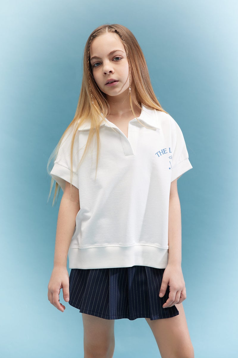 DeFacto Girl Oversize Fit Slogan Short Sleeve Polo T-Shirt - Image 1