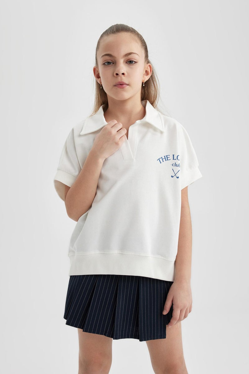 DeFacto Girl Oversize Fit Slogan Short Sleeve Polo T-Shirt - Image 5