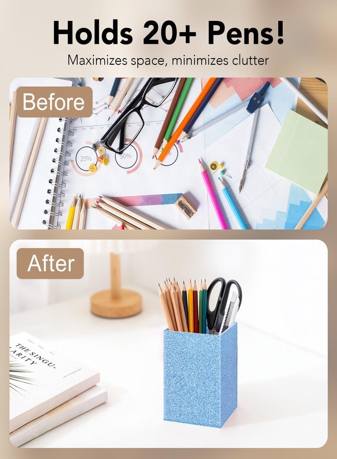 Luminzo Blue Glitter Acrylic Pen Holder, Acrylic Makeup Brush Storage Organizer, Pencil Pen Holder for Desk, Modern Desktop Accessories for Office School Home Supplies - Image 3