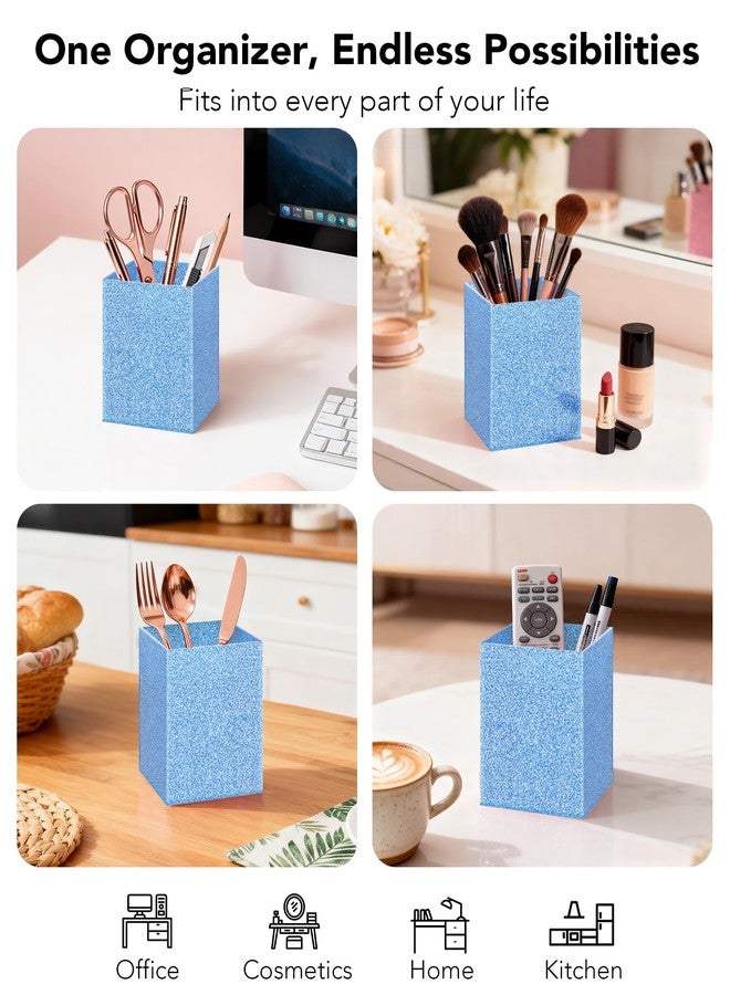 Luminzo Blue Glitter Acrylic Pen Holder, Acrylic Makeup Brush Storage Organizer, Pencil Pen Holder for Desk, Modern Desktop Accessories for Office School Home Supplies - Image 4