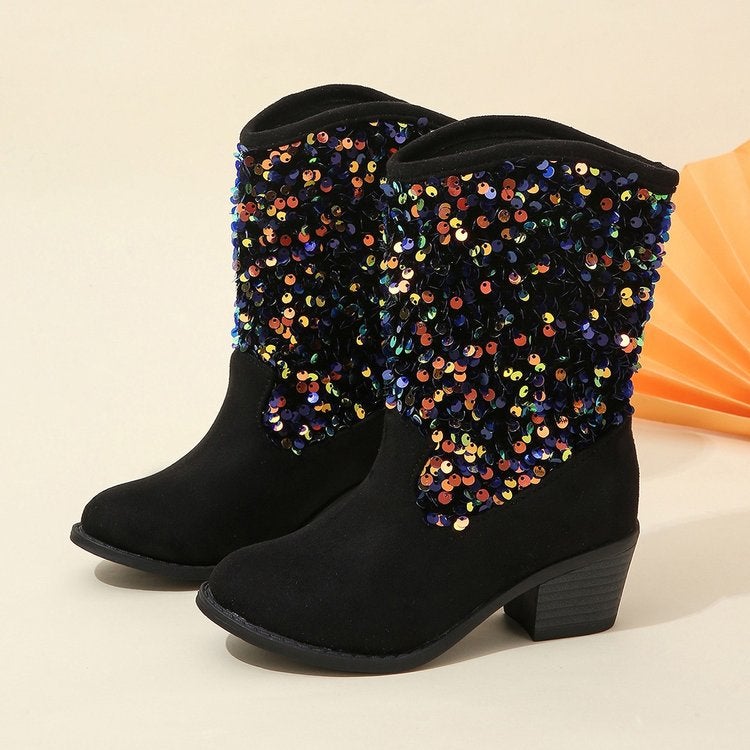 Four Seasons Martin Boots Fashion Sequins Large Children'S Pointed Thick Heel Short Fashion Boots Set Feet - Image 1