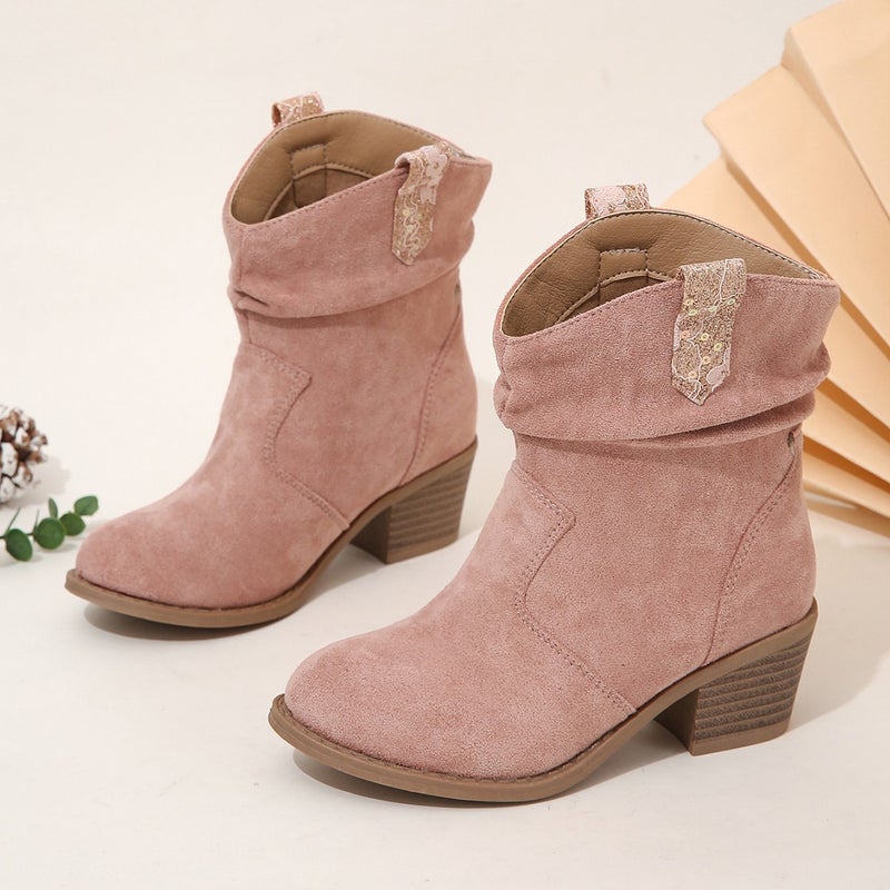 Four Seasons Martin Boots Fashion Sequins Large Children'S Pointed Thick Heel Short Fashion Boots Set Feet - Image 5