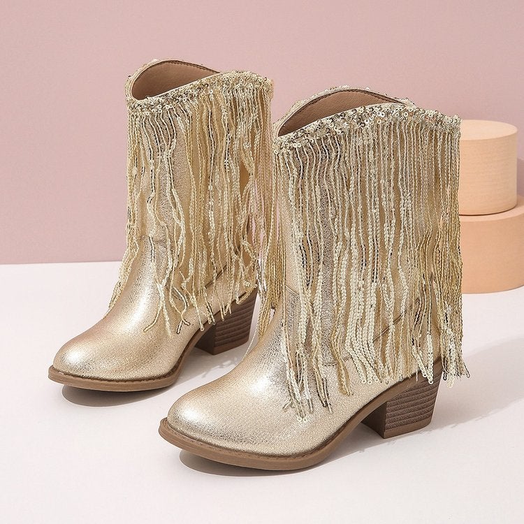 Four Seasons Martin Boots Fashion Sequins Large Children'S Pointed Thick Heel Short Fashion Boots Set Feet - Image 4