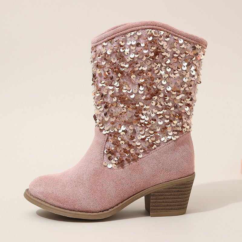 Four Seasons Martin Boots Fashion Sequins Large Children'S Pointed Thick Heel Short Fashion Boots Set Feet - Image 2