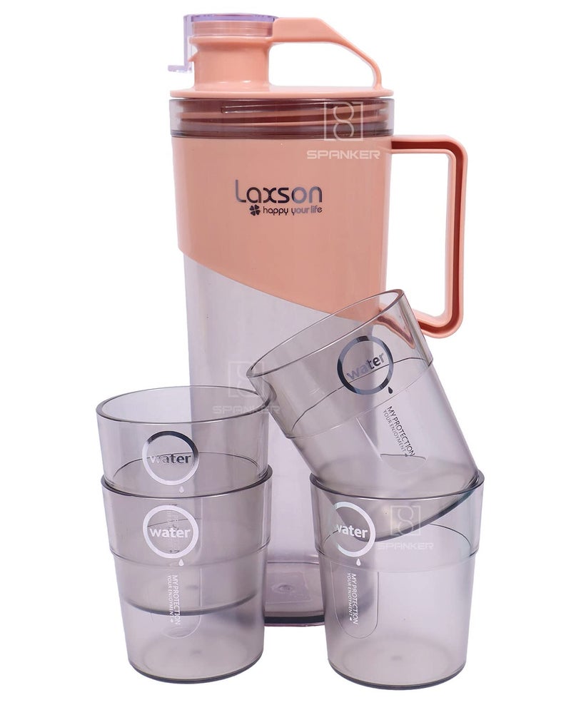 Spanker 1.6 L Large Water Pitcher with Lid + 4 Glasses | Water Carafe | Iced Tea, Water, Tea, Juice, Lemonade | Space Saving Shape, Leakproof, Premium BPA-Free Plastic Pitcher- Pink - Image 1