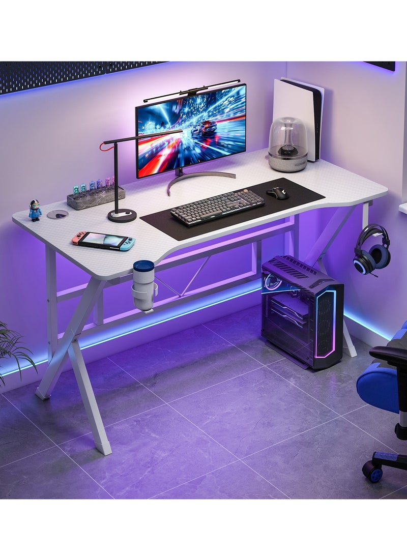 Room&Board K-Shape Gaming Desk, Computer Desk with Headphone Hook & Cup Holder, Carbon Fiber Desktop with Study Desk, Sturdy Metal Frame for Home Office Table - Image 1