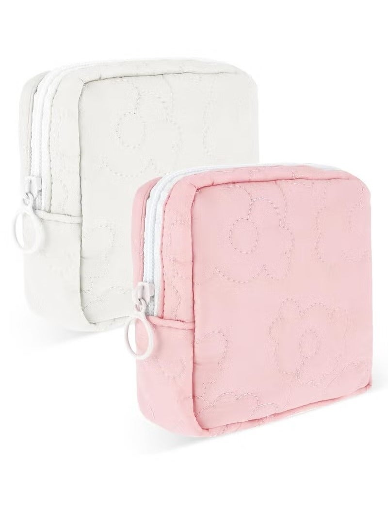 Embroidery Sanitary Napkin Storage Bag, Period Holder Bag Menstrual Pouches Tampon Holder Menstruation First Period Bag(Pink+White)  - Image 1