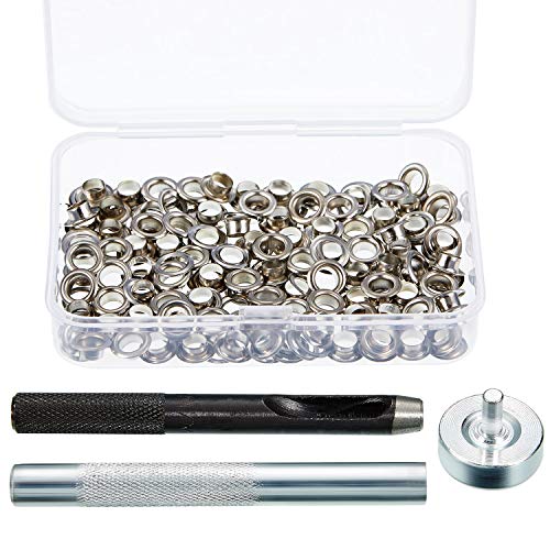 Pangda 100 Sets Grommet Eyelets Tool Kit, Grommet Setting Tool and Eyelets with Setting Tools and Storage Box for Fabric, Tarps, Curtains(3/16 Inch Inside Diameter,Silver) - Image 1
