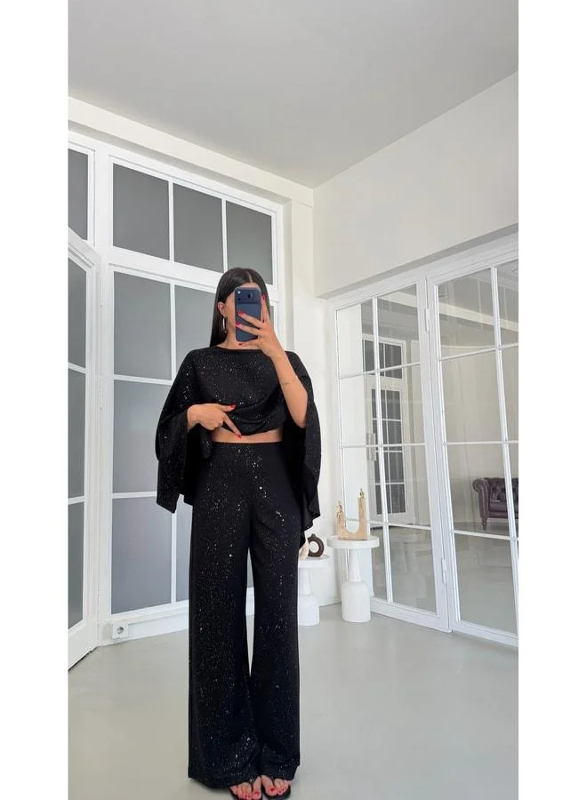 Gaus  Black Sequin-Detail Cape Waist Elastic Pants Two-Piece Modal Set GAUS-01869. for Women | Best Price UAE