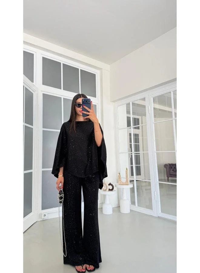 Black Sequin-Detail Cape Waist Elastic Pants Two-Piece Modal Set GAUS-01869.