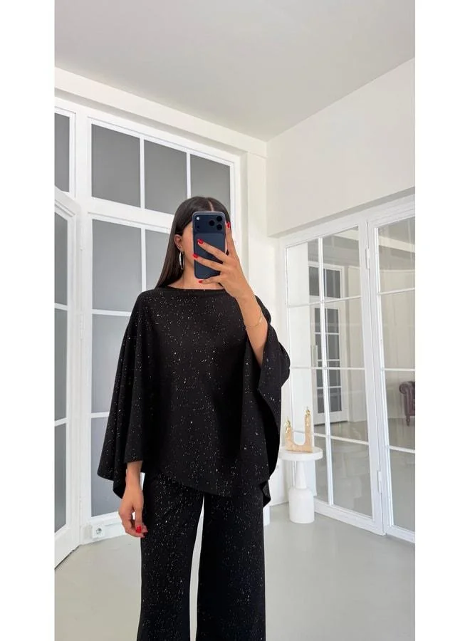 Gaus Black Sequin-Detail Cape Waist Elastic Pants Two-Piece Modal Set GAUS-01869.