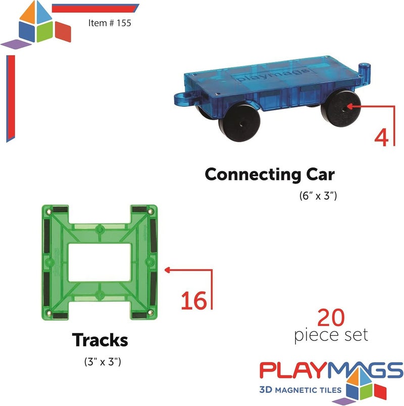 Playmags Magnetic Tiles Train Set, 20 Piece Accessory Set Includes 4 Trains, Stronger Magnets, Building Blocks Add-On, STEM Toys for Kids. - Image 3