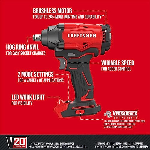 CRAFTSMAN V20 Cordless Impact Wrench, 1/2 inch, Bare Tool Only (CMCF920B) - Image 2