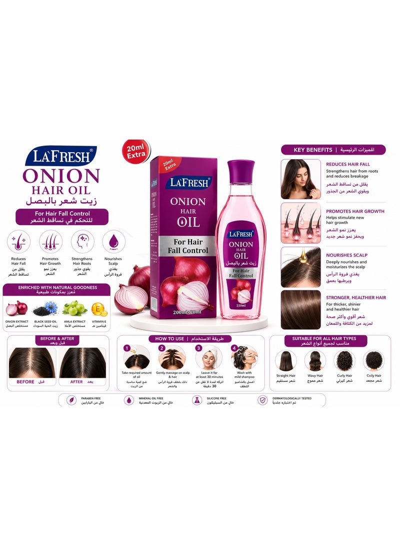 Lafresh Onion Hair Oil for Hair Fall Control with Onion, Black Seed Oil & Amla Extract, 220ml - Image 2