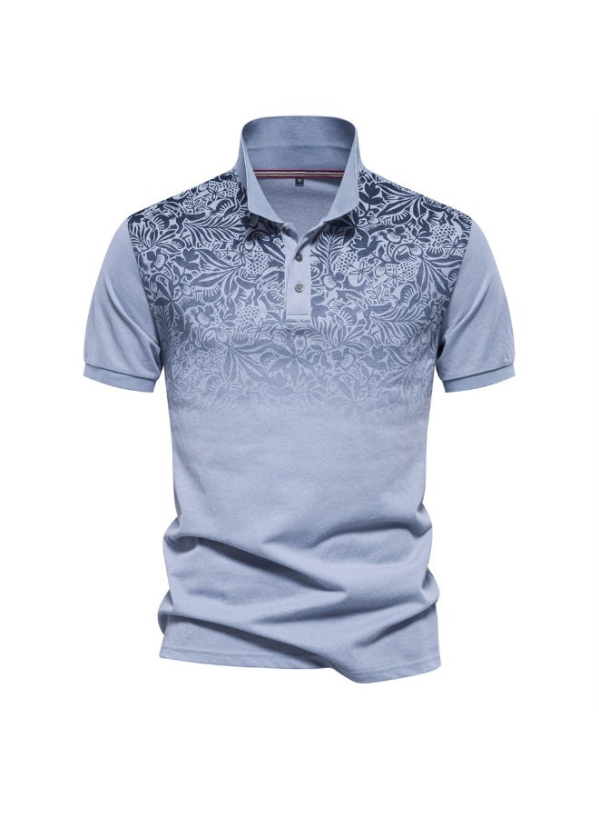 Summer  Fashion Men's Turn-down Collar Short Sleeve Casual Business T-shirts Trendy Printed Gradient Color T-shirts Male - Image 1