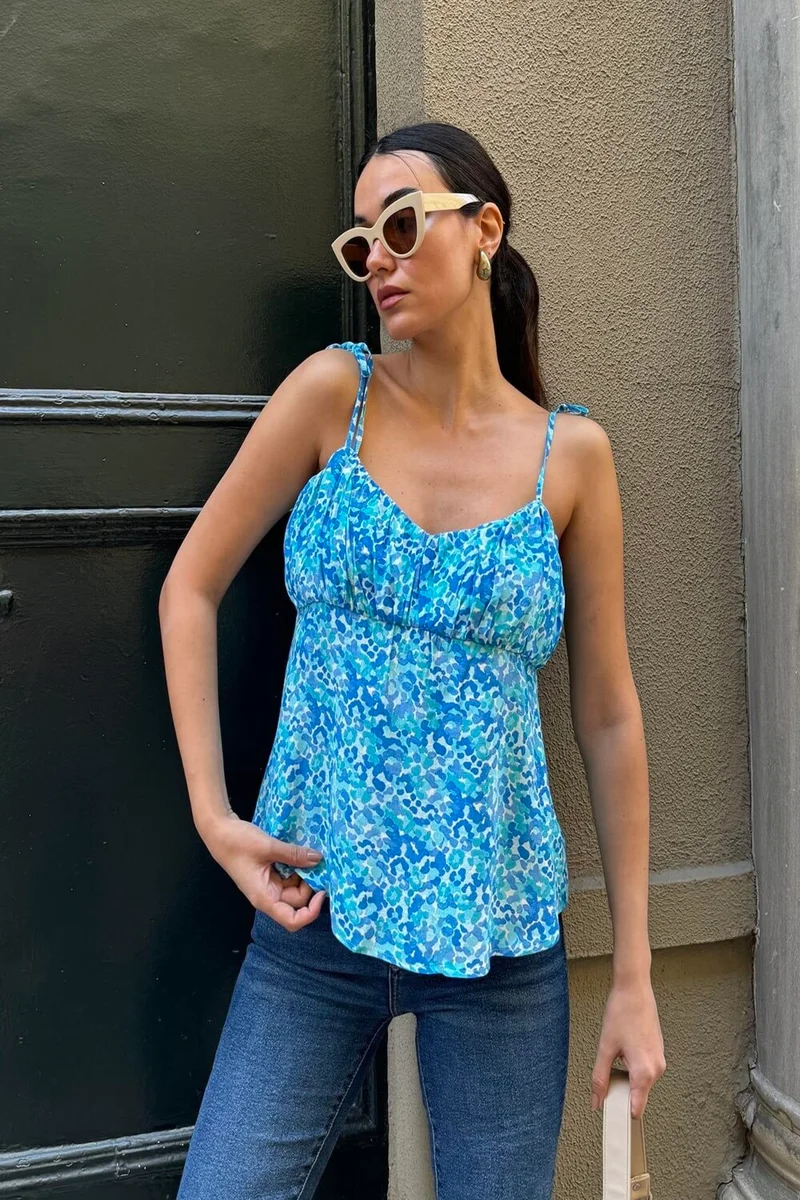 ناو مودا Natural Viscose Strappy Patterned Blue Blouse with Gathering Detail