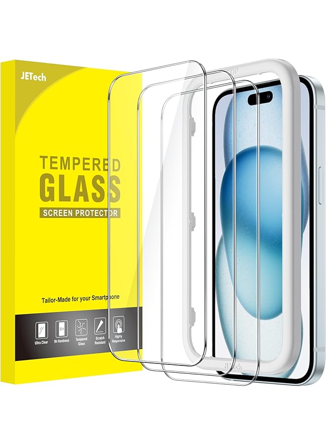 جي تيك واقي شاشة لهاتف آيفون 15 بلس مقاس 6.7 بوصة مصنوع من زجاج مقوى مع أداة تثبيت سهلة، عبوة من 3 قطع شفافة عالية الدقة - Image 1