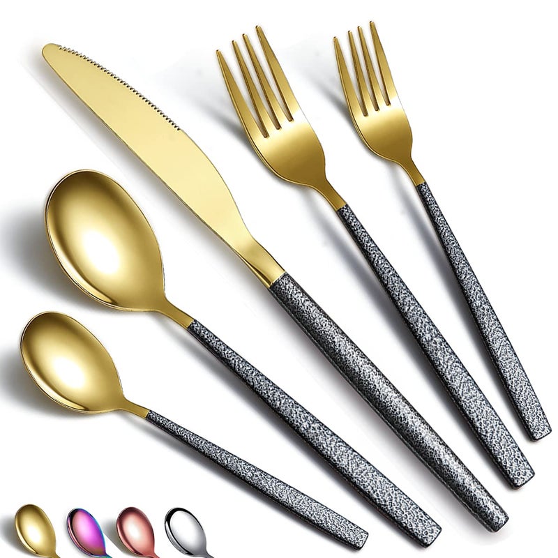 HOMQUEN 20 Pieces Silverware Set Shiny Gold Head Coating With Black Mars Handle Stainless Steel Titanium Plating Knives Spoons Forks Flatware Set Utensils Set Cutlery Set Service For 4 