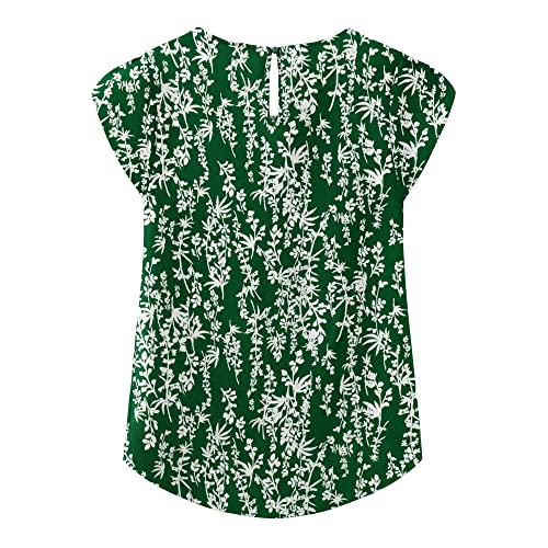 TASAMO Women's Casual Round Neck Basic Pleated Top Cap Sleeve Curved Keyhole Back Chiffon Blouse (Large, New Green Flower) - Image 2