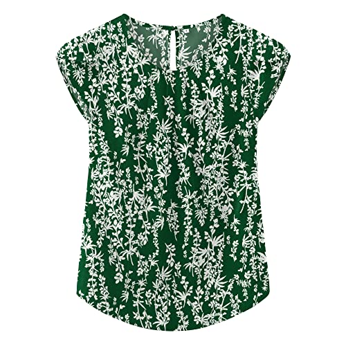 TASAMO Women's Casual Round Neck Basic Pleated Top Cap Sleeve Curved Keyhole Back Chiffon Blouse (Large, New Green Flower) - Image 1