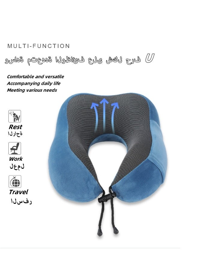 Aikenn - Travel Pillow,Neck Pillow For Traveling,100% Memory Foam Neck Pillow, Comfortable & Breathable Cover, Machine Washable, Airplane Travel Kit With 3d Contoured Eye Masks, Earplugs, And Luxury Bag,For Sleeping Airplane, Car, Office And Home(Blue) - Image 1