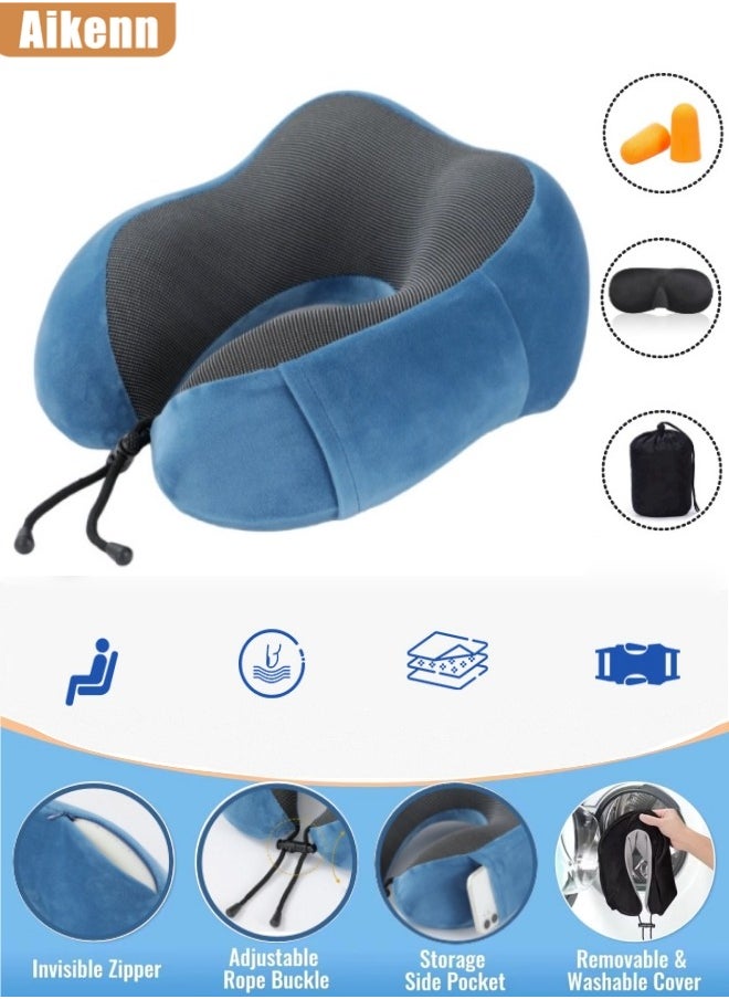 Aikenn - Travel Pillow,Neck Pillow For Traveling,100% Memory Foam Neck Pillow, Comfortable & Breathable Cover, Machine Washable, Airplane Travel Kit With 3d Contoured Eye Masks, Earplugs, And Luxury Bag,For Sleeping Airplane, Car, Office And Home(Blue) - Image 1