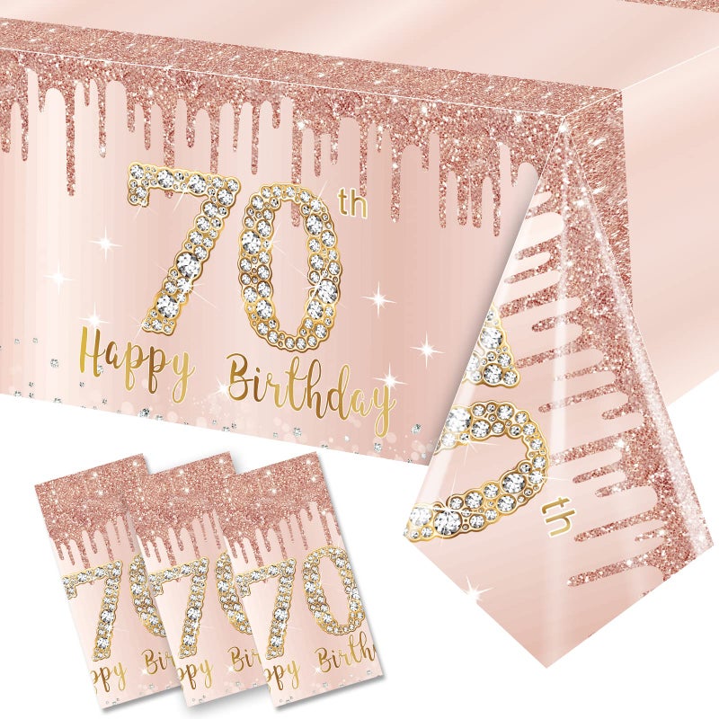 3 Pack 70th Birthday Tablecloth Decorations for Women Pink Rose Gold Happy 70 Birthday Table Cover Party Supplies Seventy Year Old Birthday Plastic Disposable Rectangular Table Cloth Decor