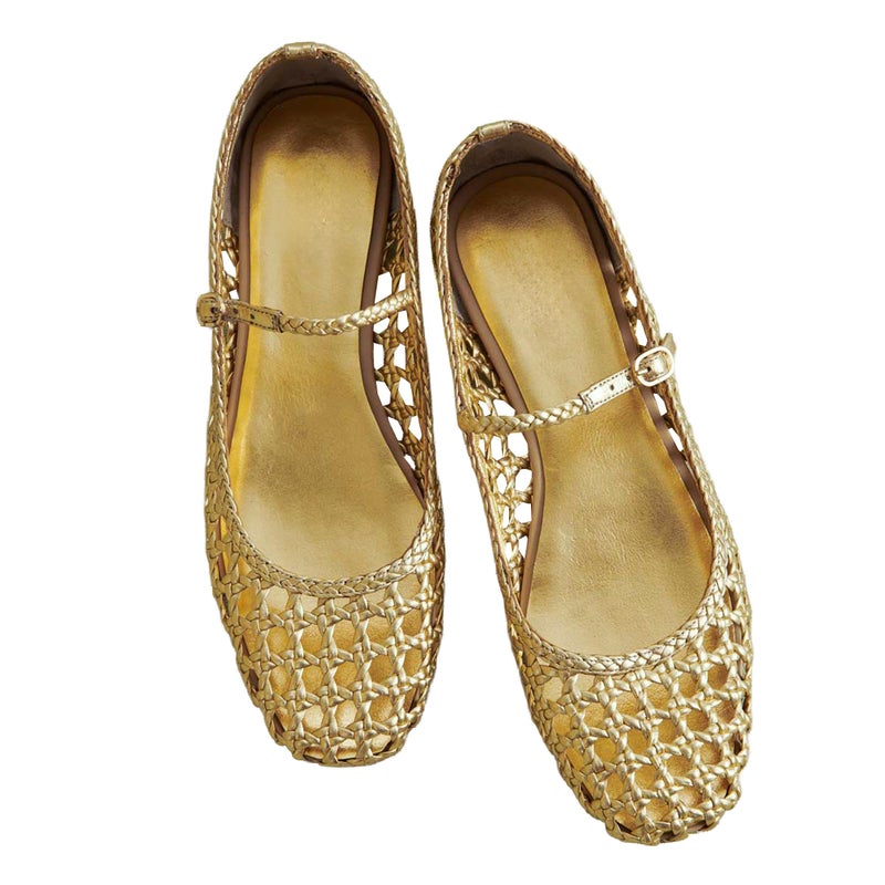 Atsroel Woven Mesh Ballet Flats for Women Square Toe Mary Jane Flats Buckle Strap Flat Shoes Comfortable Ballerina Flats Dressy Mesh Shoes Casual Mary Janes for Women A-Gold - Image 1