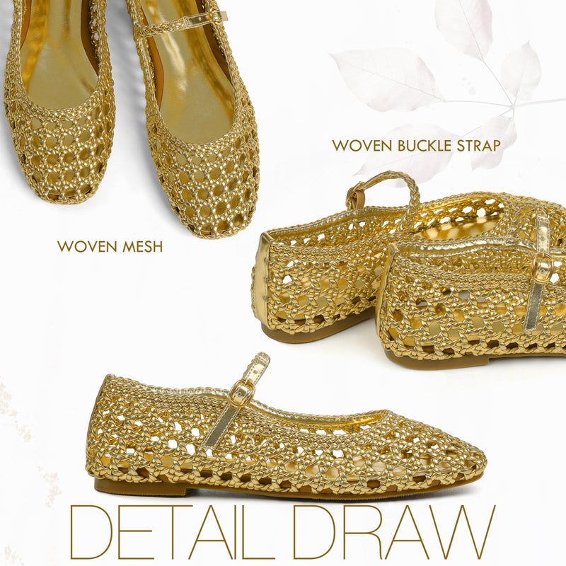Atsroel Woven Mesh Ballet Flats for Women Square Toe Mary Jane Flats Buckle Strap Flat Shoes Comfortable Ballerina Flats Dressy Mesh Shoes Casual Mary Janes for Women A-Gold - Image 4