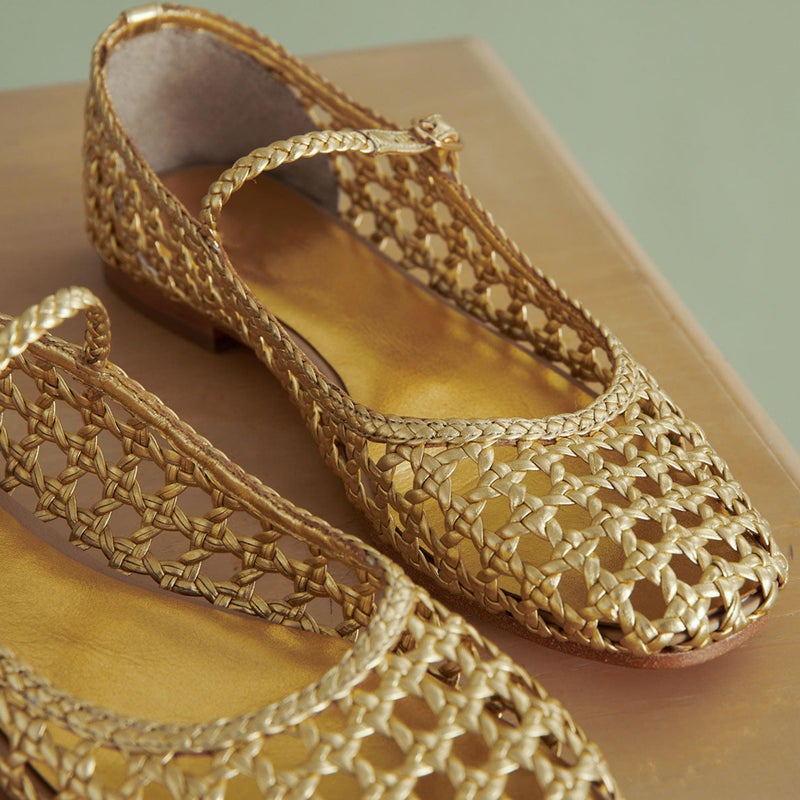 Atsroel Woven Mesh Ballet Flats for Women Square Toe Mary Jane Flats Buckle Strap Flat Shoes Comfortable Ballerina Flats Dressy Mesh Shoes Casual Mary Janes for Women A-Gold - Image 5