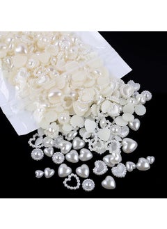 CESUSME 500 Pcs Creamy-White Pearls Heart Nail Charms Mixed Styles Flatback Heart Cute Assorted Pearls Heart Beads 3D Nail Art Charms Embellishments for Nail Art DIY Crafts Accessories 