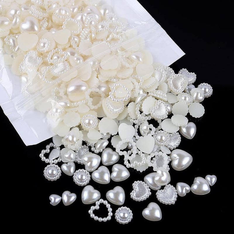 500 Pcs Creamy-White Pearls Heart Nail Charms Mixed Styles Flatback Heart Cute Assorted Pearls Heart Beads 3D Nail Art Charms Embellishments for Nail Art DIY Crafts Accessories